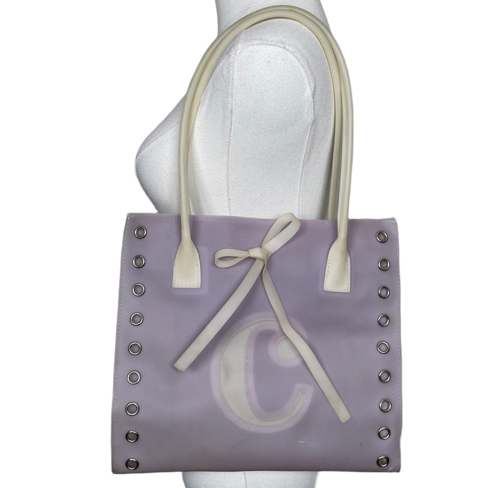 Vintage C Initial Jelly Tote Bag Women Purple Clear Vinyl Grommet Bow Y2K